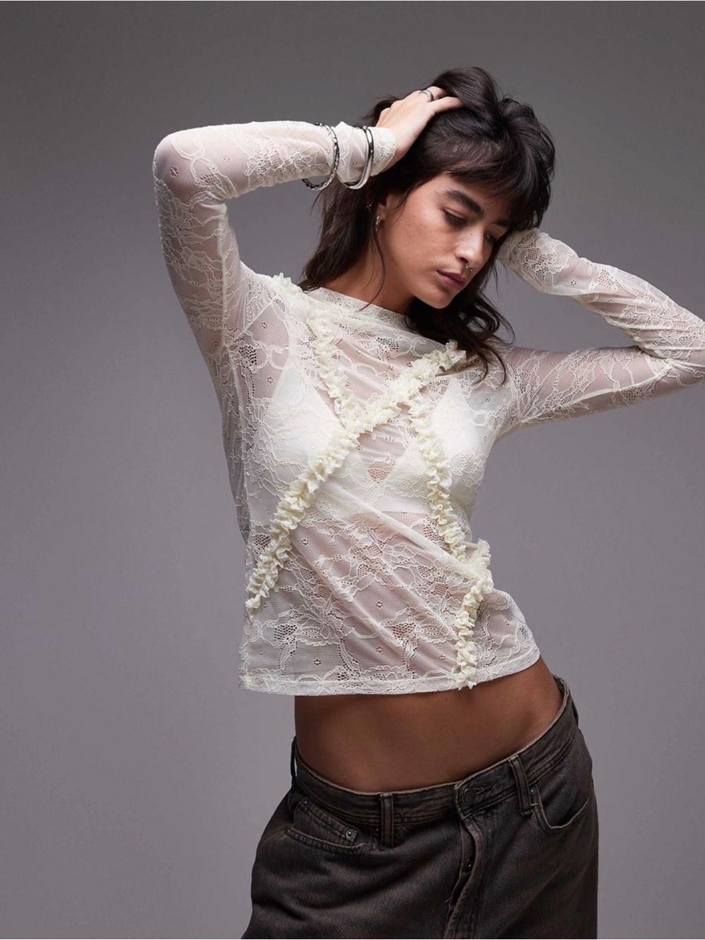 NWT Topshop lace ruffle front long sleeve top 2